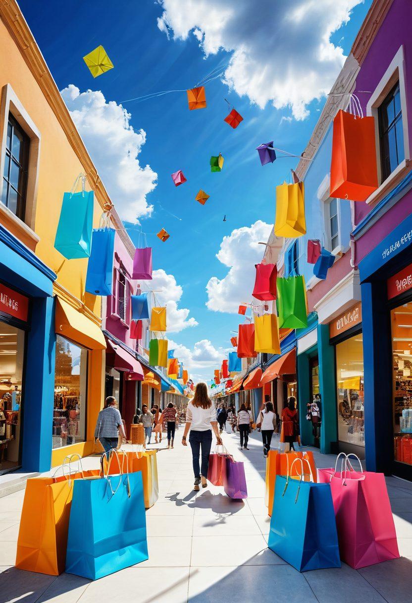 An enchanting e-commerce landscape featuring a vibrant digital marketplace filled with colorful shopping bags, delighted shoppers exploring virtual aisles, and floating icons of online deals. The scene captures the essence of joy and freedom in shopping, with a bright blue sky and fluffy clouds above. Include elements like smartphones and laptops displaying e-commerce websites, all bathed in warm sunlight. super-realistic. vibrant colors. white background.