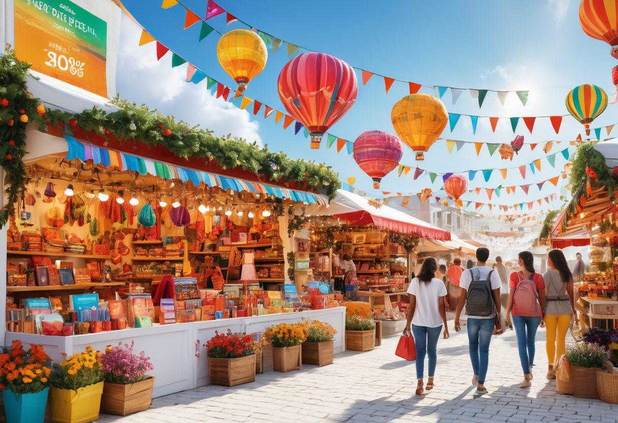A bustling and colorful e-commerce marketplace scene featuring diverse vendors with vibrant stalls filled with unique products, smiling customers exploring the offerings, and digital banners showcasing special deals. Brightly colored decorations add to the festive atmosphere, with a backdrop of a sunny sky to evoke a sense of adventure and excitement. super-realistic. vibrant colors. white background.