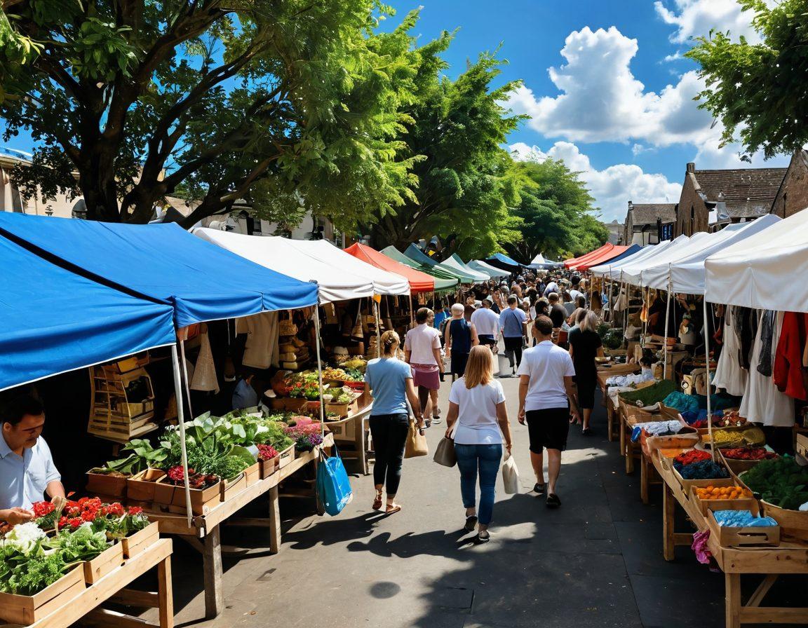 A serene landscape featuring a bustling marketplace filled with diverse, cheerful shoppers exploring vibrant stalls showcasing unique products. In the background, a bright blue sky with fluffy white clouds symbolizes endless possibilities, while lush greenery surrounds the area, adding to the sense of freedom and bliss. Include various small businesses offering artisanal goods, with friendly vendors inviting people to discover their offerings. super-realistic. vibrant colors. cheerful atmosphere.